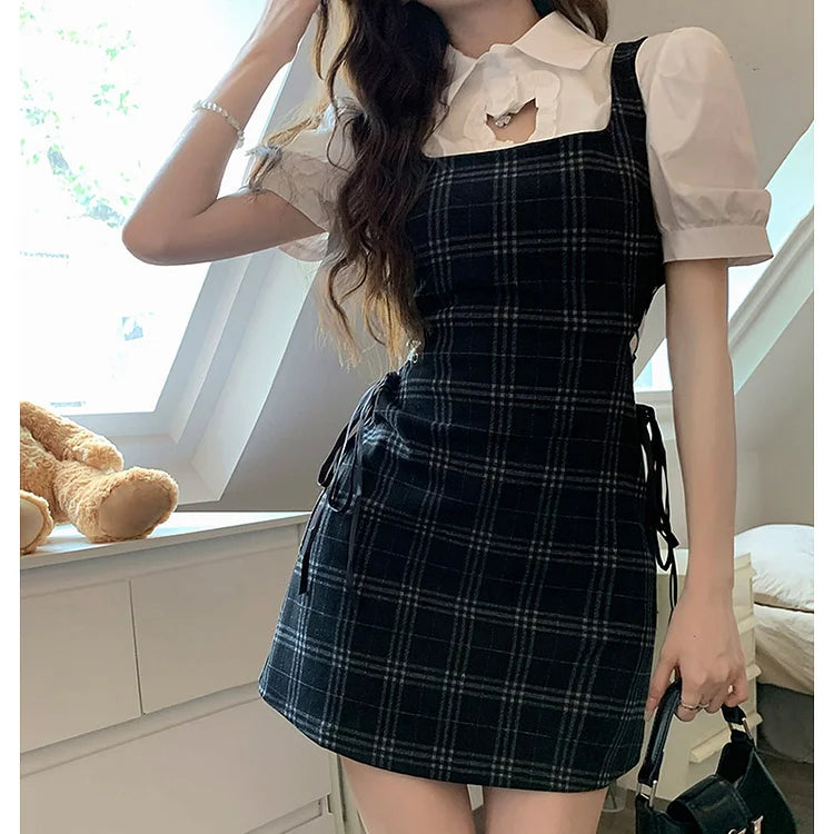 Sweet Love Heart Hollow Out Collar Shirt Lace Up Plaid Dress Two Piece