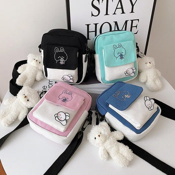 Cute Bear Side Shoulder Bag, Canvas Bear Shoulder Bag