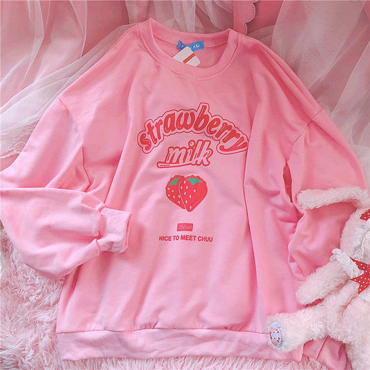 Sweet Strawberry Dream: Kawaii Pink Letter Sweatshirt - Sip on Style! 🍓💖