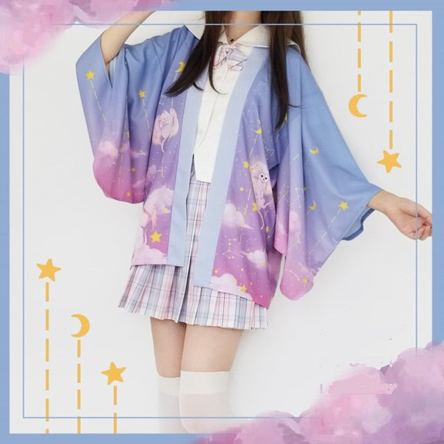 Elegante cielo con nuvole che volano gatti Kimono giapponese – Youeni