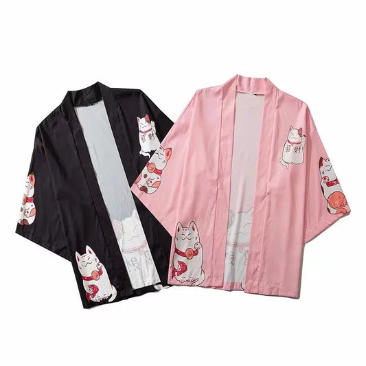 Kawaii Lucky Cat Black Pink Japanese Short Kimono