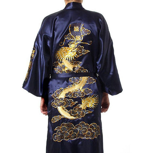 Satin Silk Golden Dragon Embroidery Long Kimono Gown