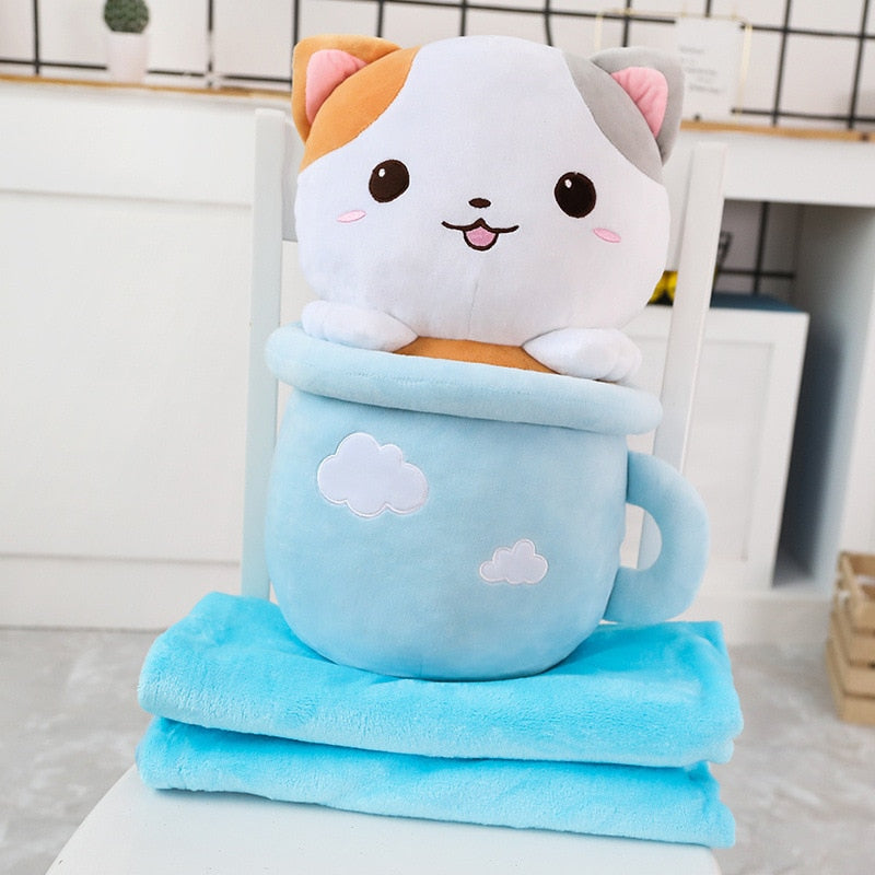 Kawaii Neko Cat Tea Cup Plush With Quilt (31cm - 50cm) – Limited Edition