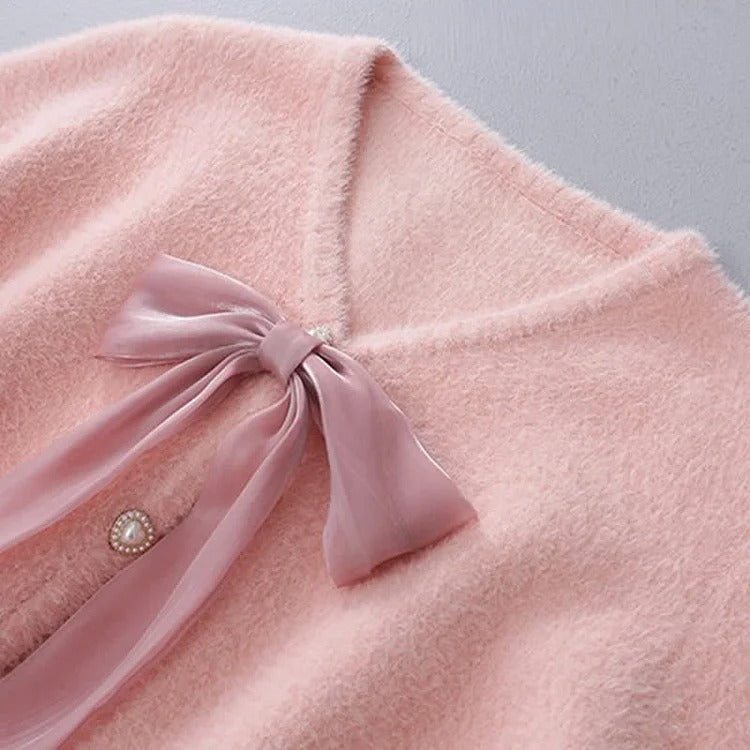 Bowknot V-Neck Cardigan Sweater Slip Dress Two Piece Set