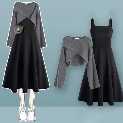 Chic and Cozy: Lace Up Slip Dress Duo in Dark Grey Two Piece Set