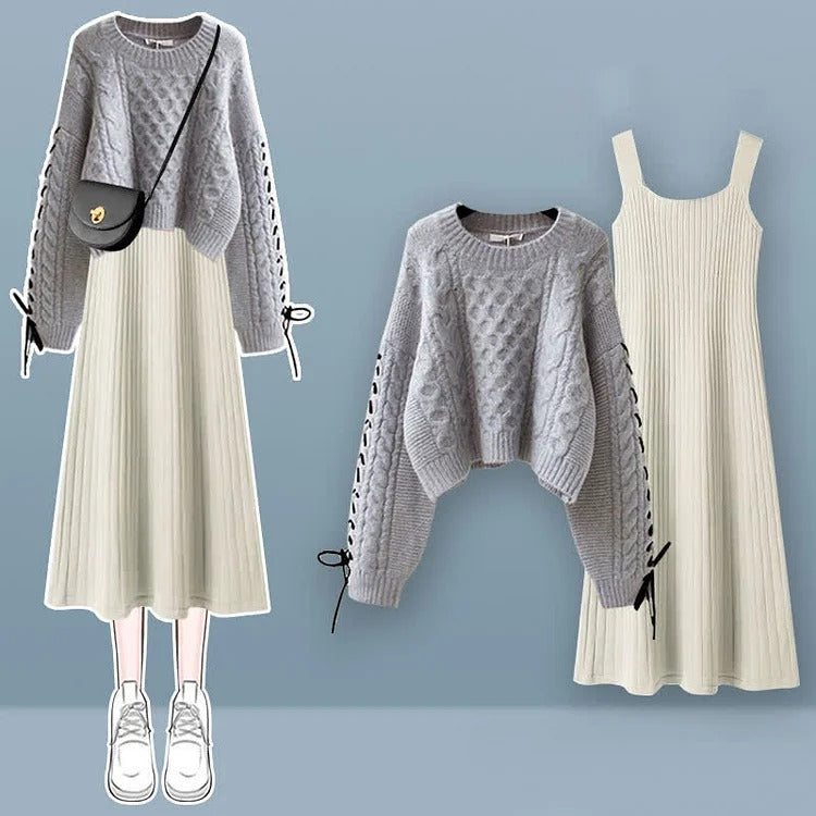 Vintage Lace Up Cable Sweater Knit Slip Dress Two Piece Set