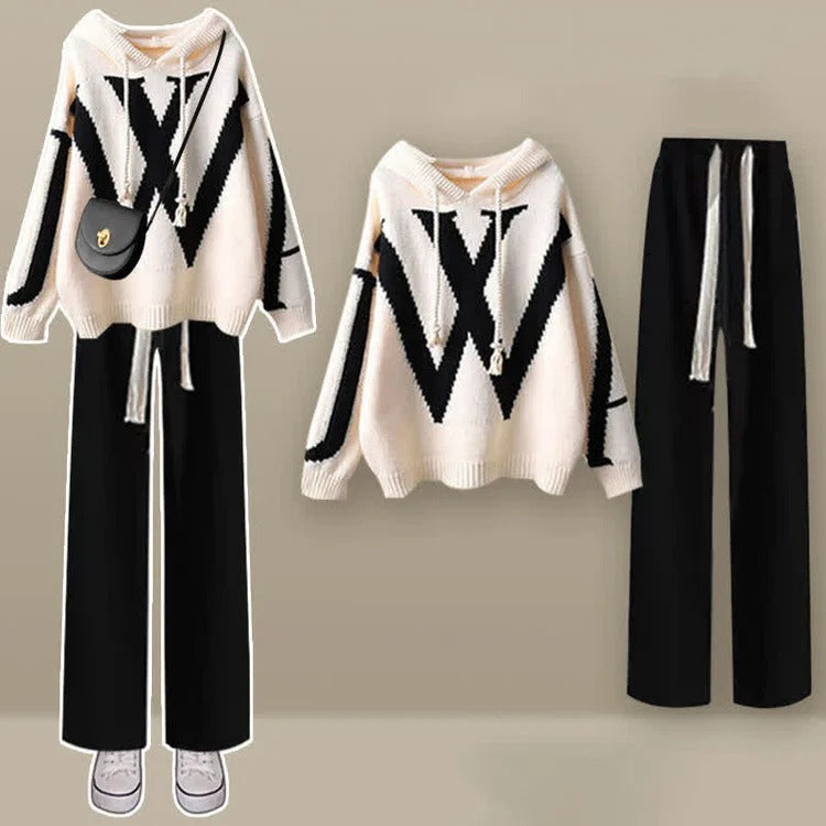 Preppy Letter Hooded Sweater Casual Pants Two Piece Set Youeni