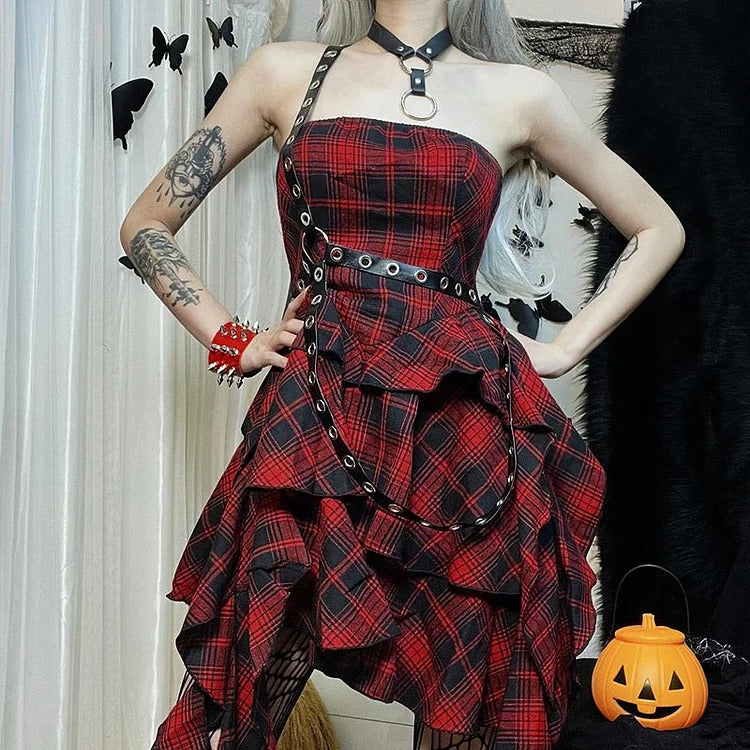 Bewitching Red Plaid Off-the-Shoulder Dress: A Gothic Rhapsody