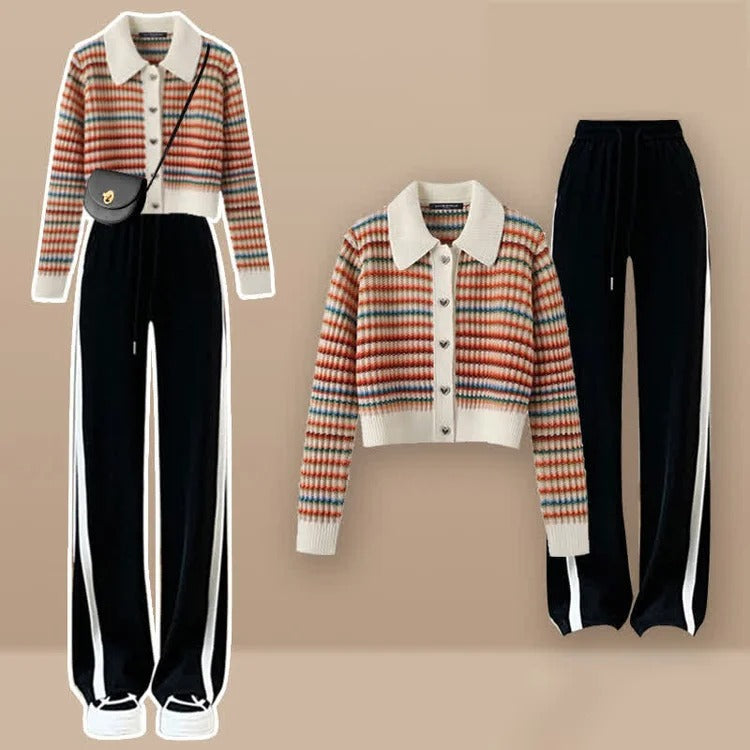 Striped Colorblock Heart Button Cardigan Sweater Casual Pants Two Piece Set