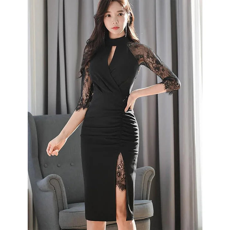 Charming Lace Sleeve Ruffle Split Slim Dress with Hollow Out Detail