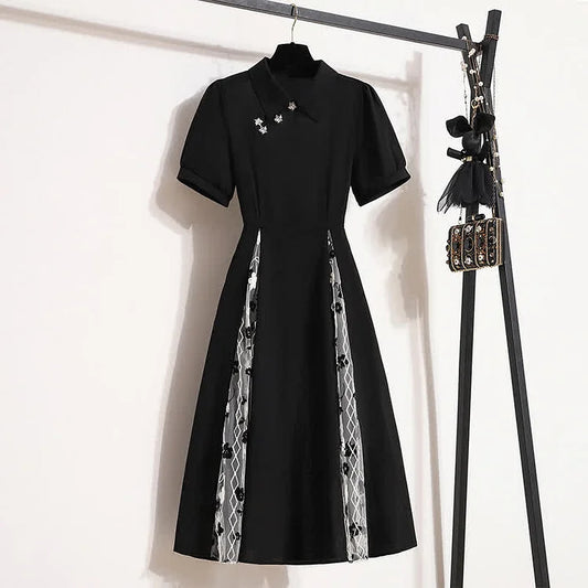 Vintage Black Cheongsam with Tulle Accents