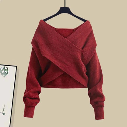 Chic Cross Knit Sweater Shirt Irregular Skirt Three Piece Set
