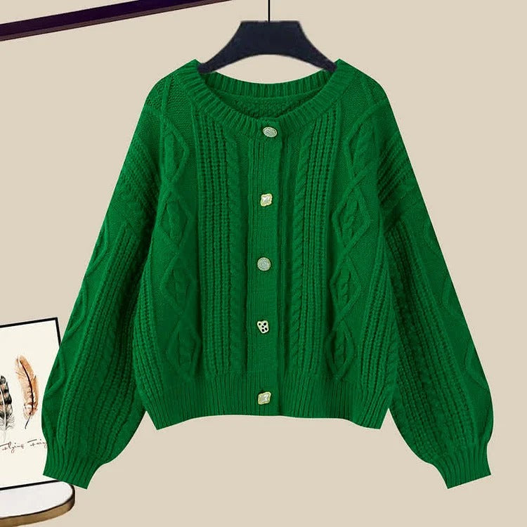 Preppy Cable Cardigan Sweater Shirt Denim Pants Three Piece Set