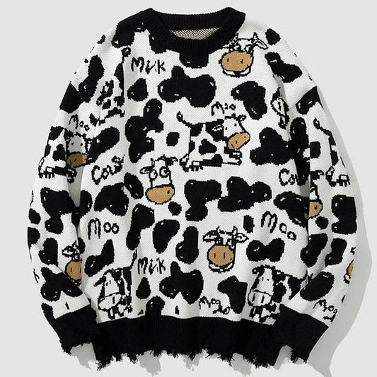 Cartoon Cow Print Pullover Knit Sweater - Cute and Cozy