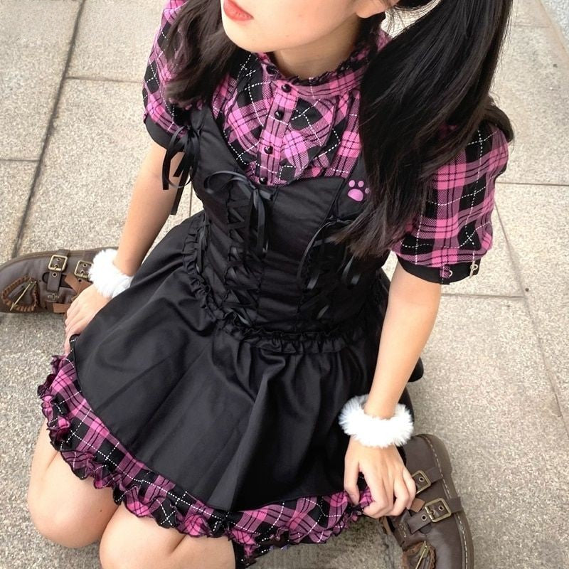 Harajuku Lolita Plaid Cat Paw Shirt Dress Set - Cute and Versatile for Any Occasion
