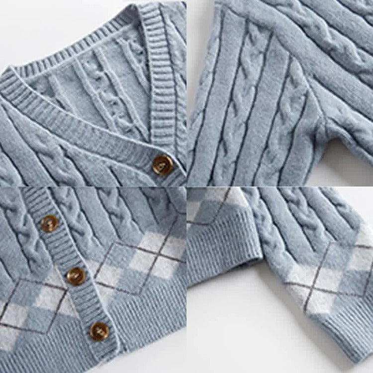 Vintage Rhombus Cardigan Sweater Shirt Denim Pants Three Piece Set