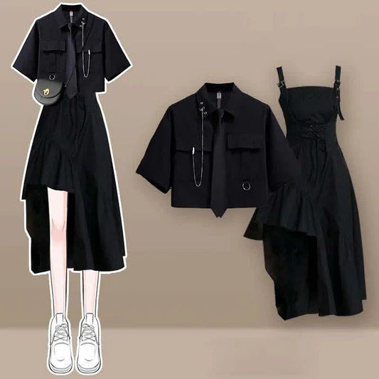 Preppy Pocket Tie Shirt and Irregular Lace Up Slip Dress Two Piece Set: A Classic Look for Any Occasion