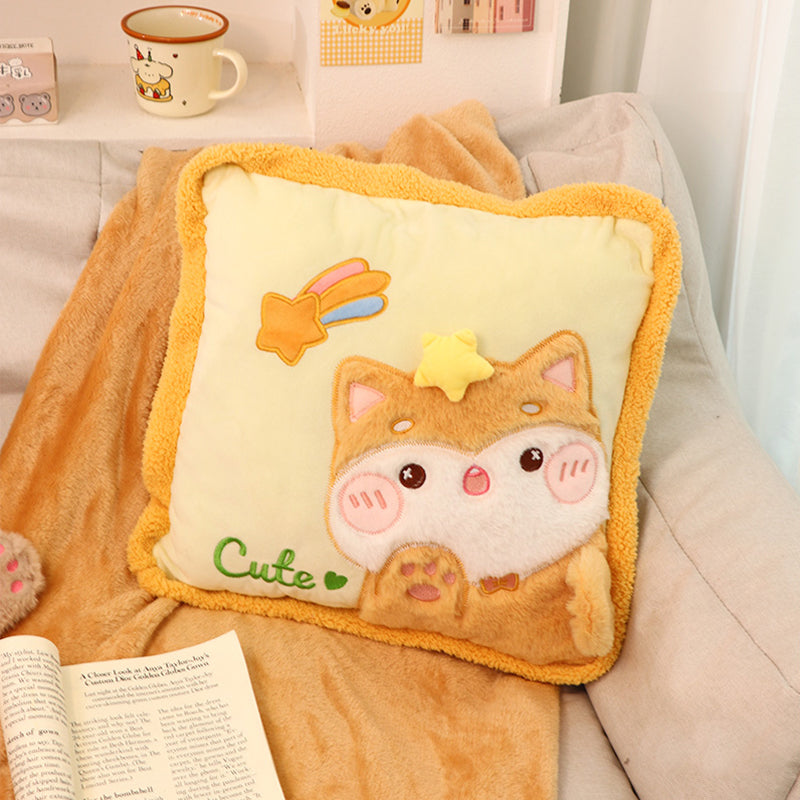 Cute Cartoon Animal Embroidery Pillow with Blanket