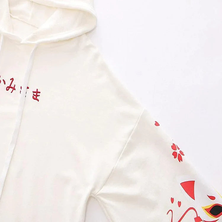 Sakura Fox Mask Letter Print Drawstring T-Shirt Hoodie Love Heart Skirt - Casual Style
