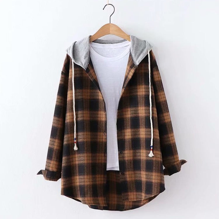 Harajuku Harmony: Plaid Drawstring Hooded Jacket Shirt - Elevate Your Casual Chic! 🌈👚