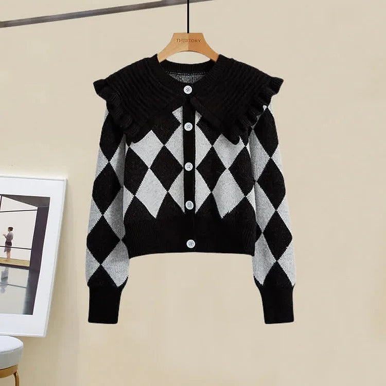 Preppy Collar Rhombus Print Sweater Slip Dress Skirt Pants Two Piece Set