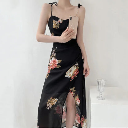 Captivating Vintage Floral Print Lace Up Split Slip Dress