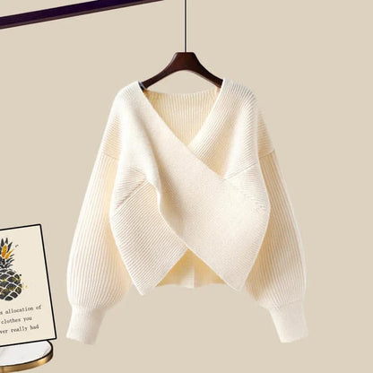 Vivid Color Cross Knit Sweater Dress Two Piece Set