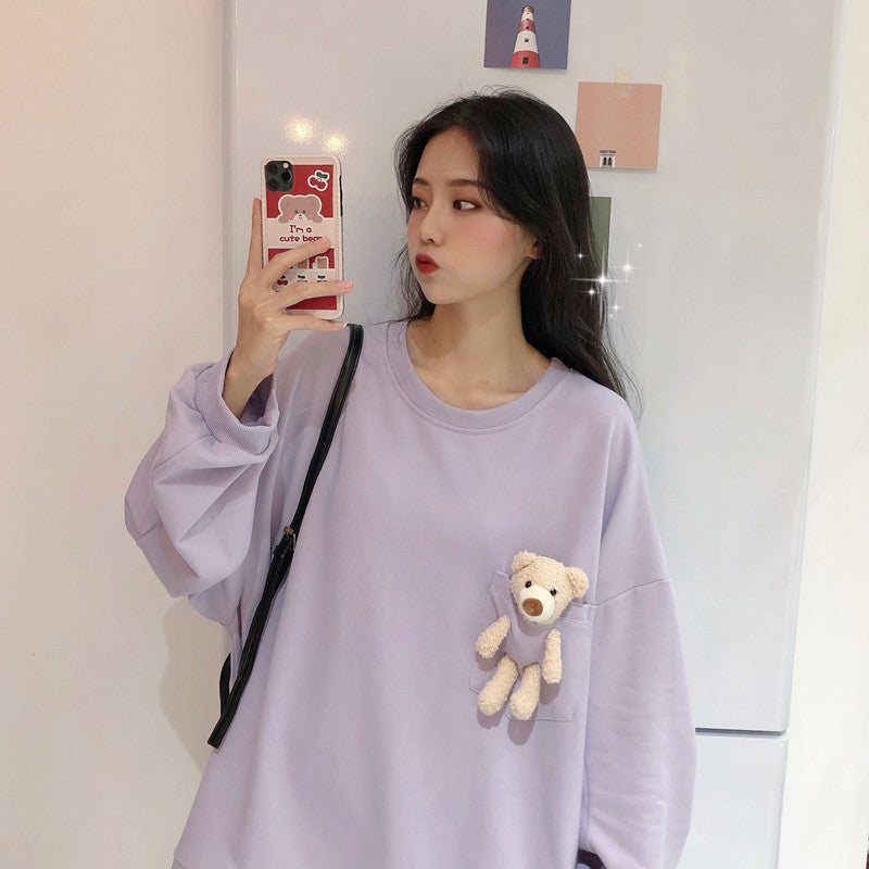 Kawaii Chic: Pocket Bear Loose Sweatshirt - Your Go-To for Casual Cuteness and Unmatched Comfort! 🎀💜
