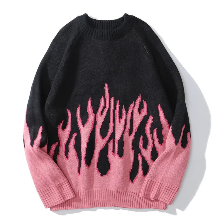 Streetwear Couple Flame Pullover Sweater - Ignite Your Style