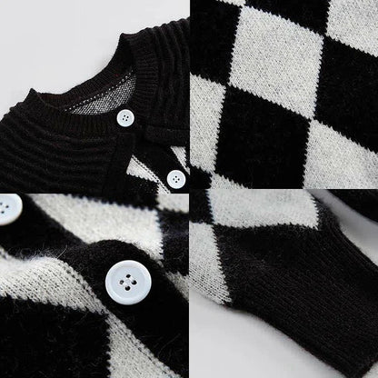 Chic Preppy Collar Rhombus Print Sweater and Slip Dress Set