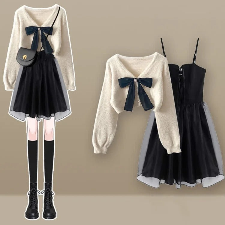 Charming Bowknot Cross Cardigan Sweater and Lace Up Tulle Slip Dress Set
