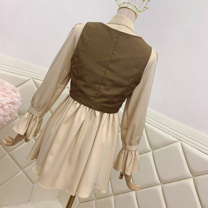 Elegant Vintage Double-Breasted Vest Ruffled Dress Set