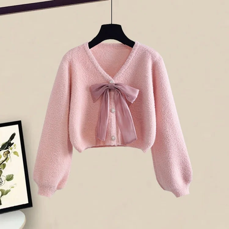 Bowknot Charm: V-Neck Cardigan Sweater with Slip Dress Set