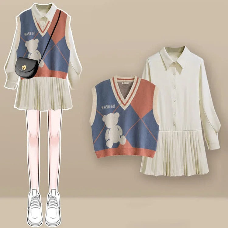 Versatile Chic: Two Piece Set with Cartoon and Bear Print Vest