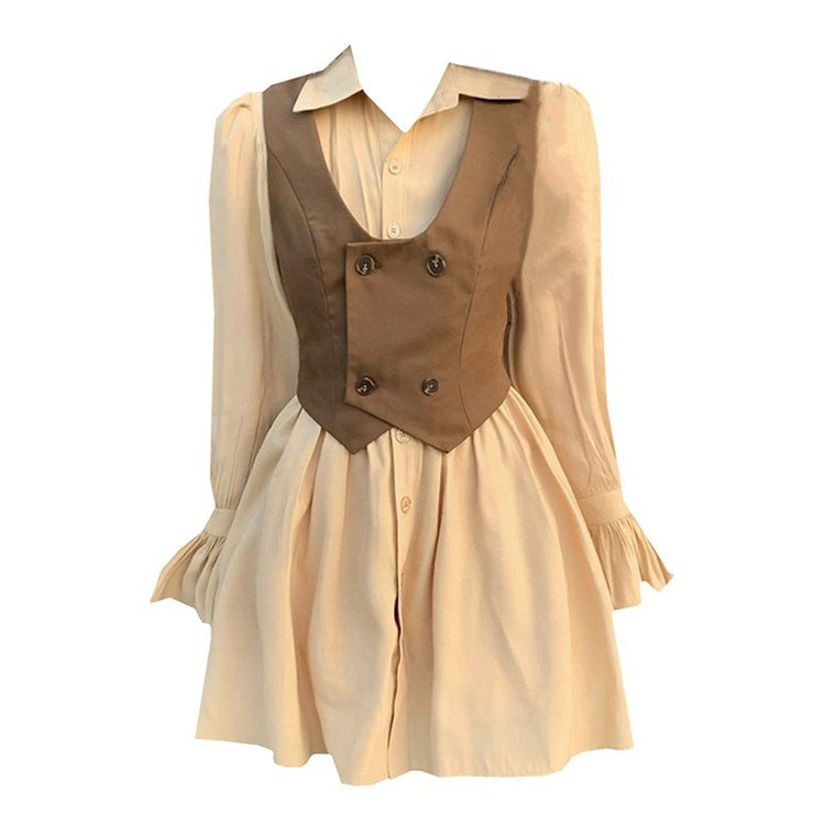 Elegant Vintage Double-Breasted Vest Ruffled Dress Set