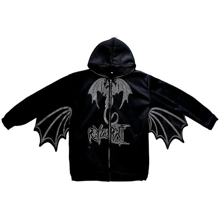 Dragon Patterned Zipper Hoodie - Urban Fashion with Rhinestone Letters