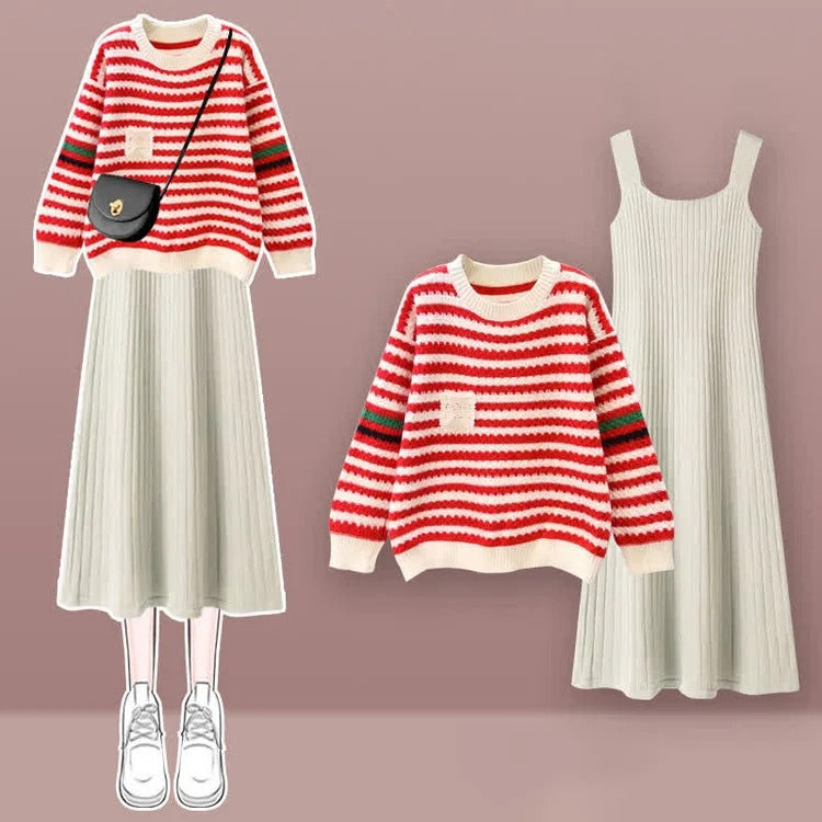 Striped Pocket Colorblock Knit Sweater Slip Dress Two Piece Set