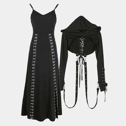 Stylish Gothic Hollow Lace Up Sweatshirt Split Long Dress Two Piece Set