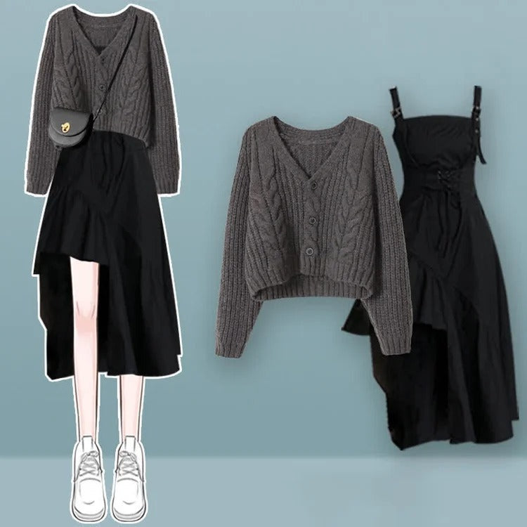 Chic and Cozy: Lace Up Slip Dress Duo in Dark Grey Two Piece Set