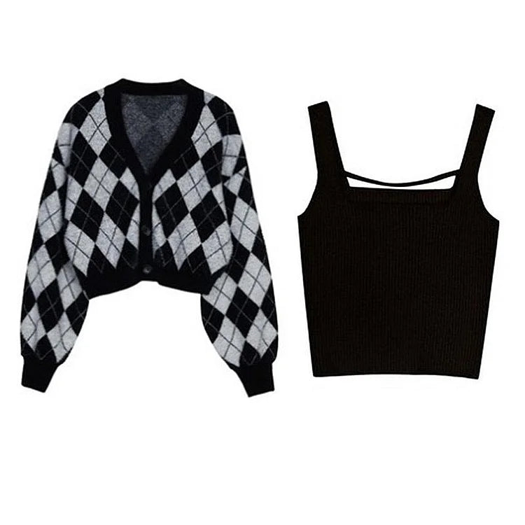 Colorblock Rhombus Print V-Neck Cardigan Sweater Tank Top Two Piece Set