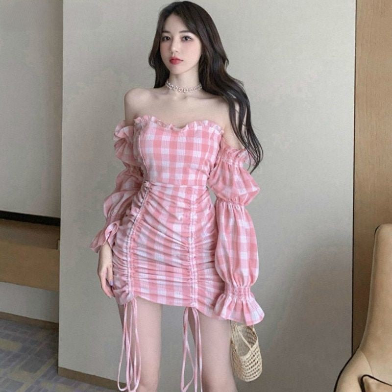 Kawaii Off-Shoulder Dress in Pink Plaid