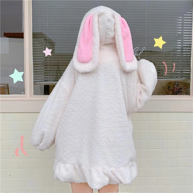 Kawaii Fluffy Bunny Ears Hoodie Coat: Cute Rabbit Fashion Statement