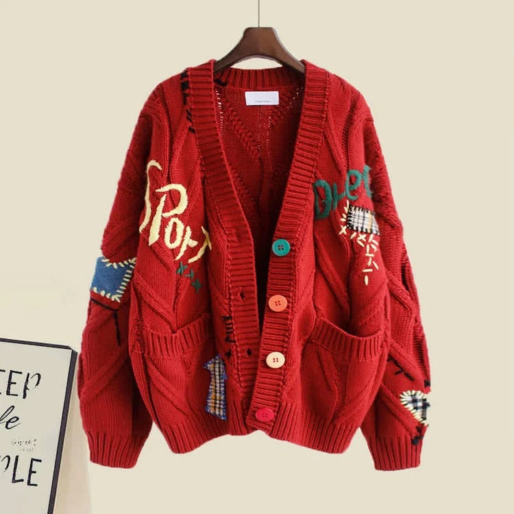 Graphic Letter Embroidery Knit Cardigan Sweater Pleated Skirt Three Piece Set