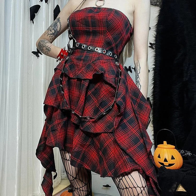 Bewitching Red Plaid Off-the-Shoulder Dress: A Gothic Rhapsody