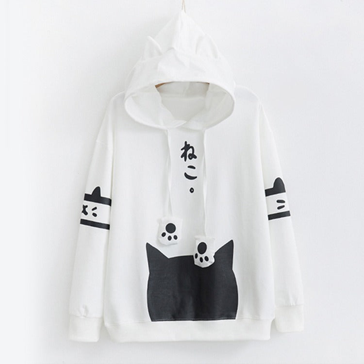 Purr-fectly Adorable: Harajuku Cat Ear Paw Drawstring Letter Hoodie - Embrace Your Inner Cuteness! 🐾💕