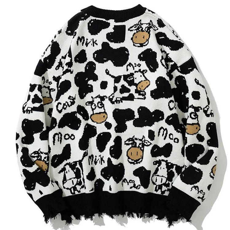 Cartoon Cow Print Pullover Knit Sweater Cute and Cozy Youeni