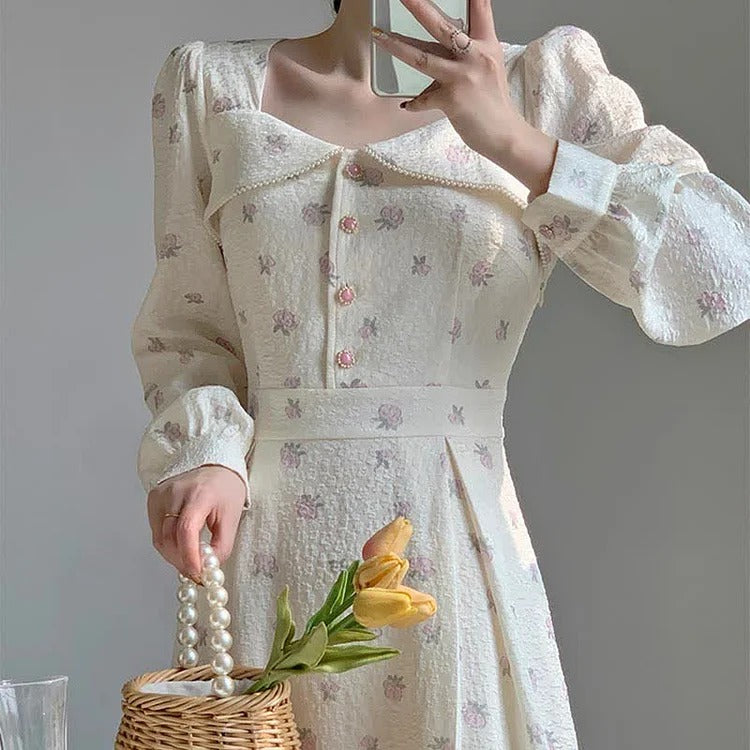 Chic Vintage Pearl Collar Floral Print A-line Dress