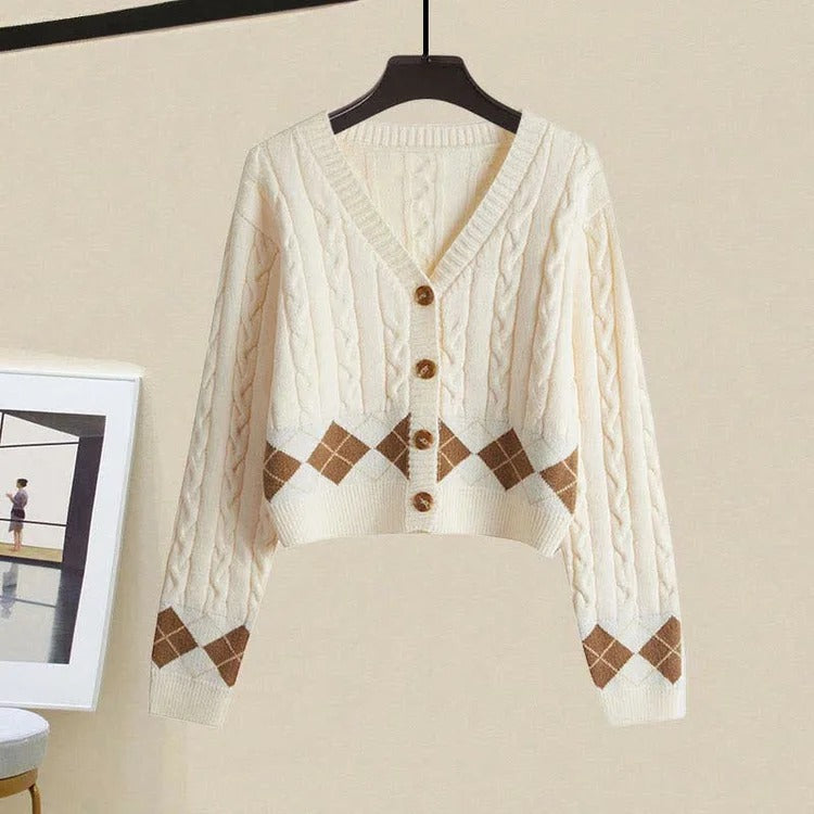 Vintage Rhombus Cardigan Sweater and Slip Dress Set