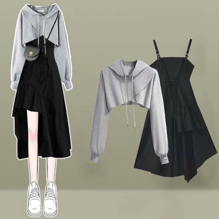 Trendy Cross Crop Hoodie and Irregular Slip Dress Set