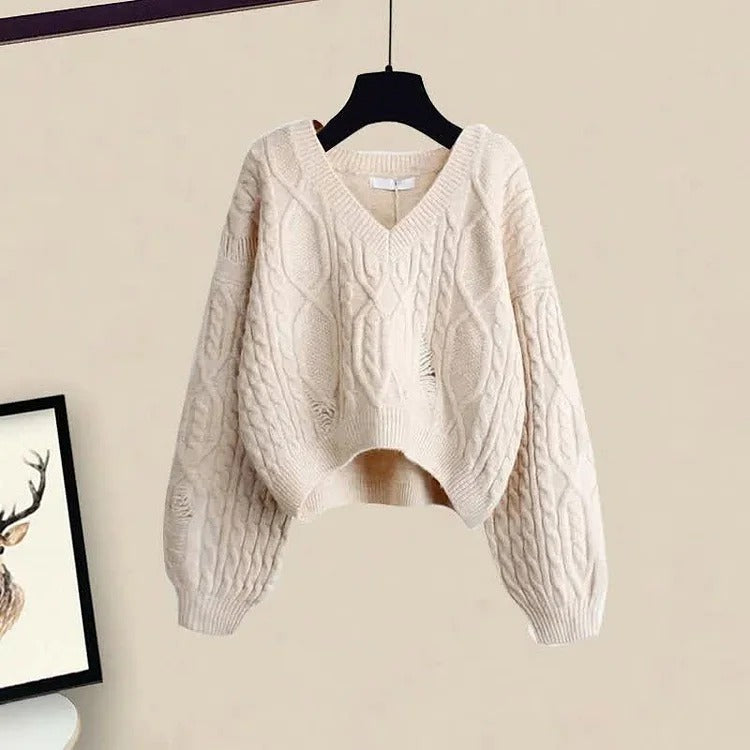 Vintage V-Neck Knit Sweater Flouncing Slip Dress Two Piece Set